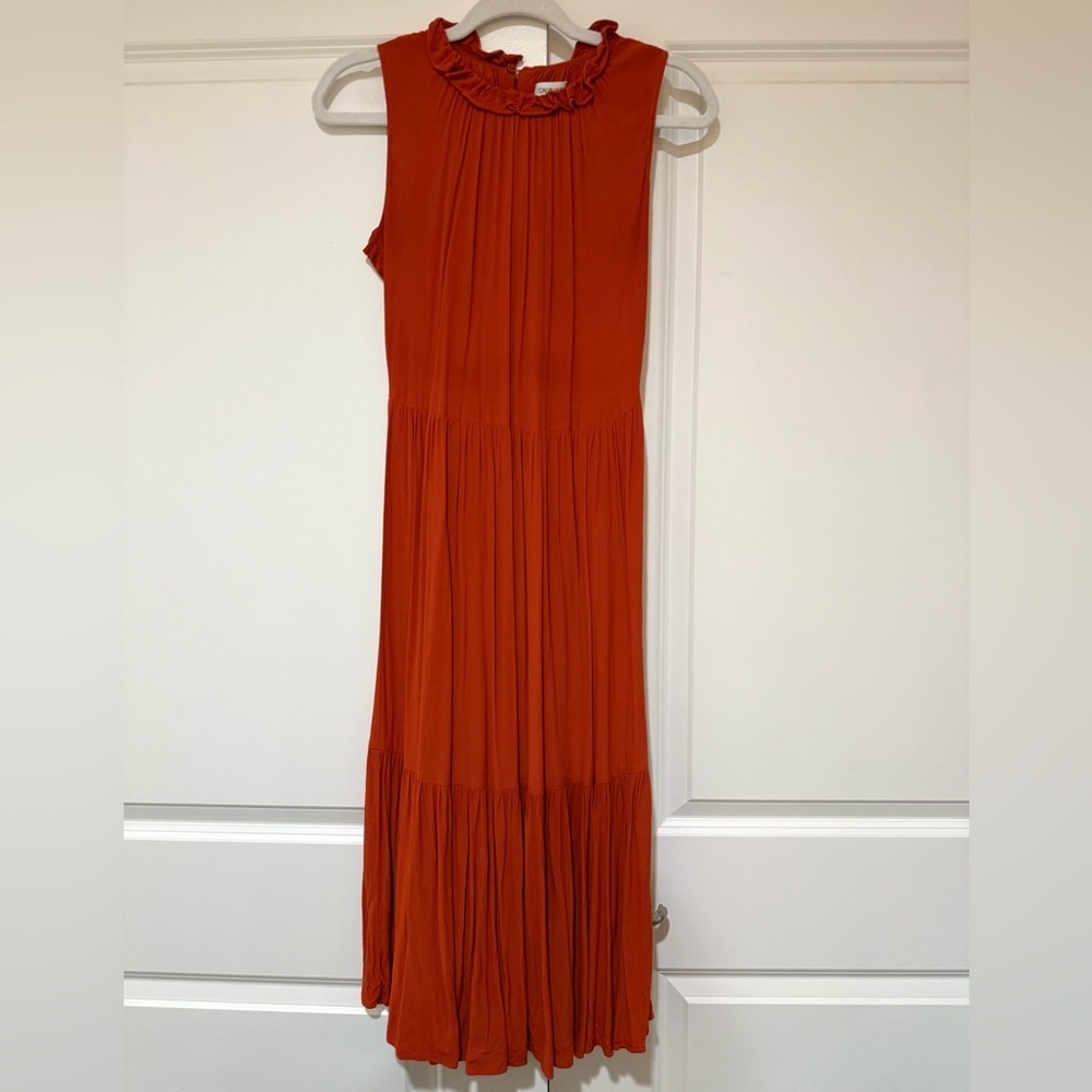 Calvin Klein Bohemian Rust Sleeveless Ruffle-Neck Maxi Dress